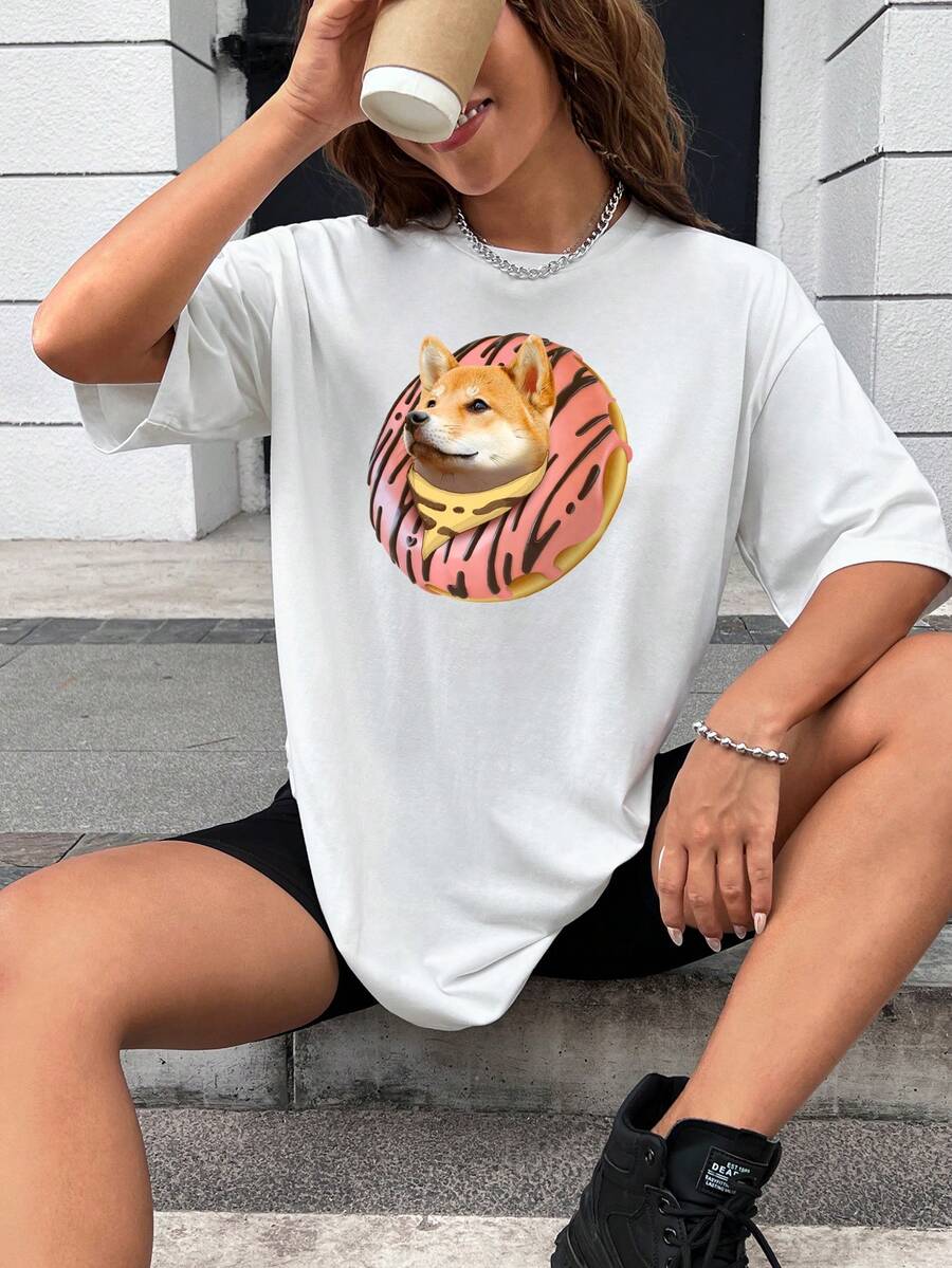 Lostanaw collection Camiseta de hombros caídos con estampado de dibujos animados - Blanco - Ver 1