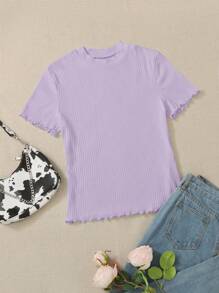 SHEIN Essnce Plus Lettuce Trim Ribbed Knit Tee - Mauve Purple - View 1