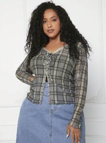 SHEIN CURVE+ Plus Plaid Print Lace Trim Top - Multicolor - View 5