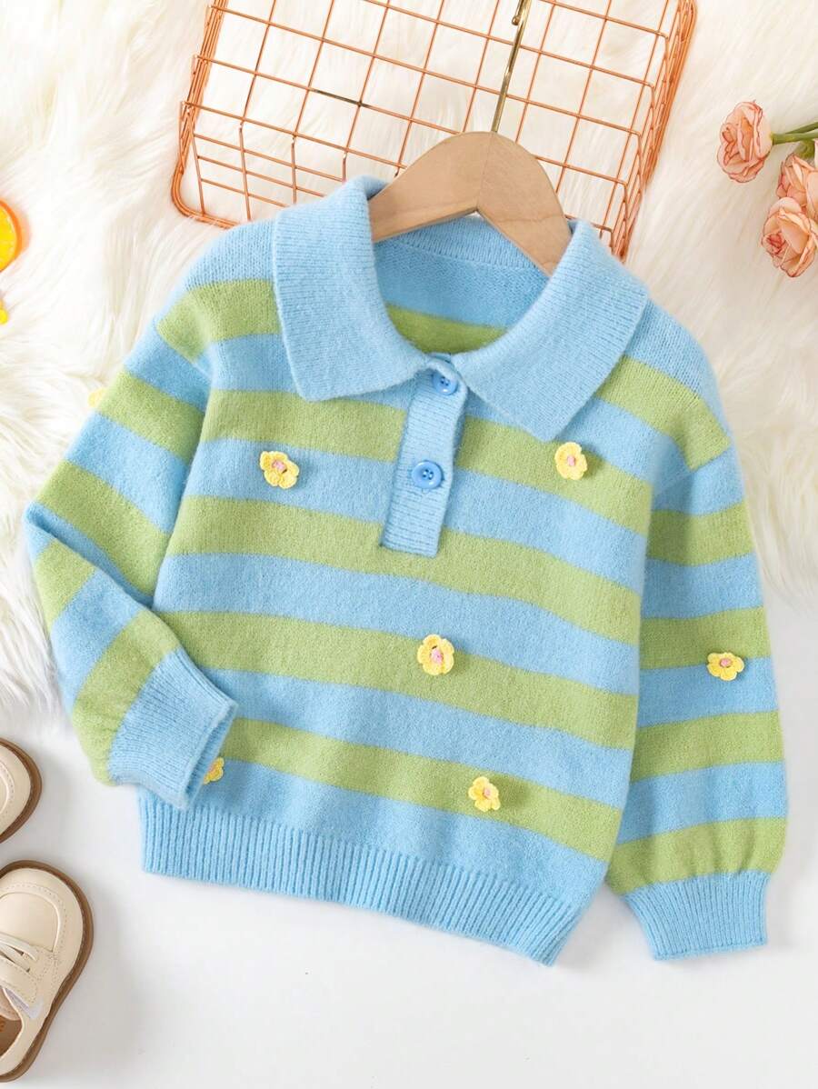 SHEIN Young Girl Striped Pattern Polo Neck Button Front Sweater - Multicolor - View 1