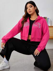 SHEIN EZwear Plus Size Letter Graphic Zip Up Sweatshirt - Hot Pink - View 4