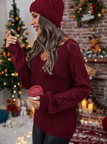 SHEIN LUNE Christmas Tie Back Lantern Sleeve Pointelle Knit Sweater - Red - View 4