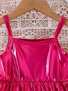 SHEIN Young Girl Solid Metallic Cami Dress Summer Holiday - Hot Pink - View 3