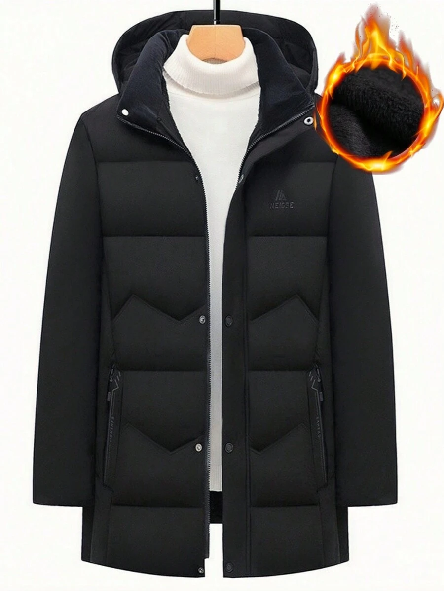 Manfinity Homme Áo khoác gió ngoài trời có mũ lót nhiệt họa tiết chữ cái cho nam, Áo khoác bong bóng đi chơi, Áo khoác mùa đông màu đen, Quà tặng cho bạn bè, chồng, bạn trai, Áo khoác phao nam, Áo khoác phao màu đen cho nam, Áo khoác ấm dài có mũ dày cho mùa đông, Áo khoác đệm chống gió - màu đen - Xem 1
