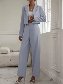 Pariaura Solid Lapel Neck Crop Blazer & Wide Leg Pants