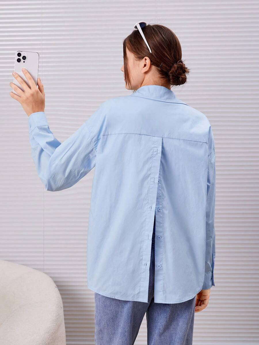 SHEIN Teen Girl Solid Split Back Drop Shoulder Shirt