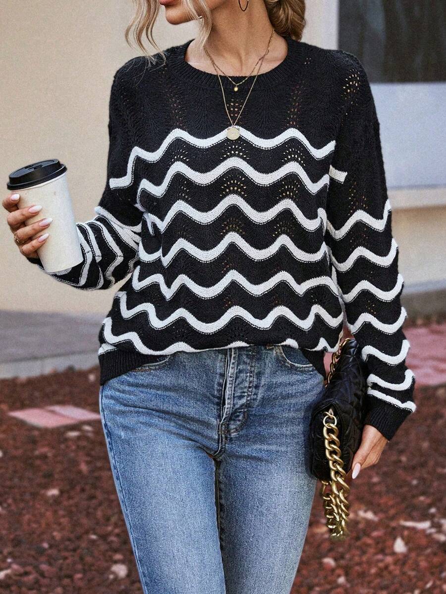 SHEIN LUNE 鋸齒圖案網眼針織落肩袖套頭毛衣 - 黑與白 - 查看 1