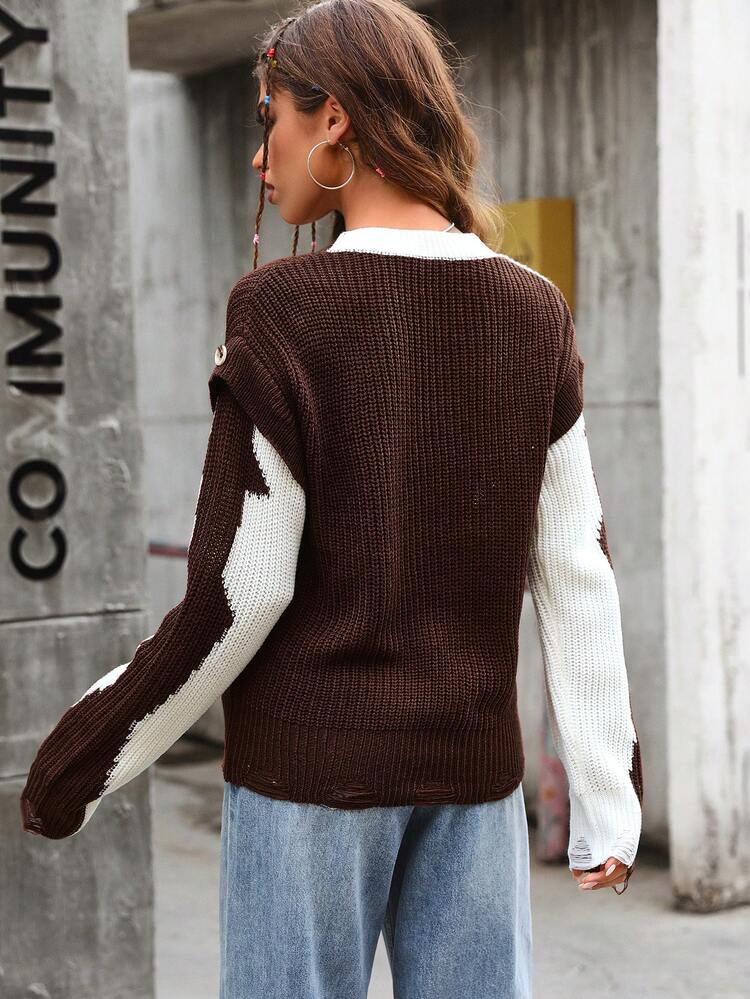 Cow Pattern Button Detail Shoulder Pads Knit Pullover Fall Winter Sweater