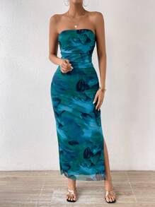 Calvaya Vestido maxi ajustado con fruncido en los laterales con estampado all over para mujer