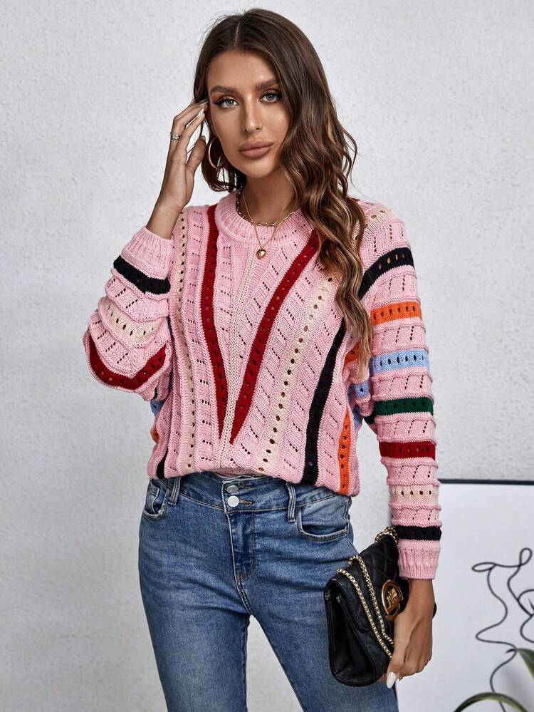 Striped Pattern Batwing Sleeve Pointelle Knit Pullover Fall Winter Sweater