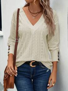 SHEIN LUNE Eyelet Embroidery Drop Shoulder Tee - Khaki - View 3