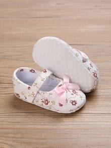 女嬰花卉圖案蝴蝶結裝飾瑪麗珍平底鞋適用於戶外 - 白色 - 查看 2