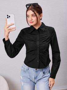 SHEIN Camisa de adolescente con botones delanteros fruncidos
