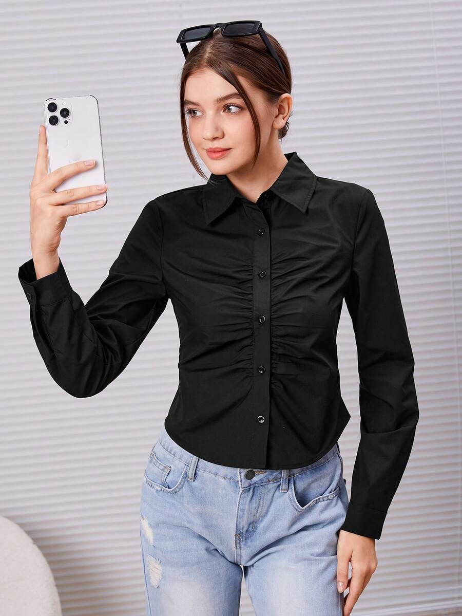 SHEIN Camisa de adolescente con botones delanteros fruncidos