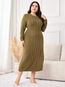 Mulvari Talla grande Vestido de punto unicolor tejido de cable de hombros caídos - Amarillo Mostaza - Ver 3