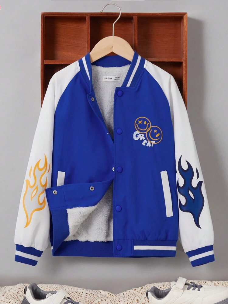 Tween Boy Fire & Letter Graphic Raglan Sleeve Varsity Jacket
