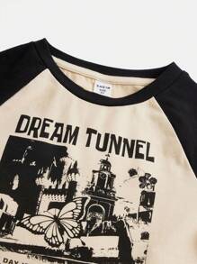 SHEIN 圓領休閒長袖顏色塊T恤，印有口號圖案和縫袖設計，適合春秋季節，女孩專屬 - 杏色 - 查看 4