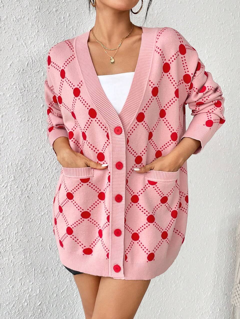 Polka Dot & Argyle Pattern Drop Shoulder Duster Cardigan