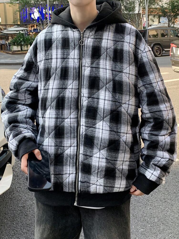 Men Plaid Print Zip Up Drawstring Hooded Padded Coat