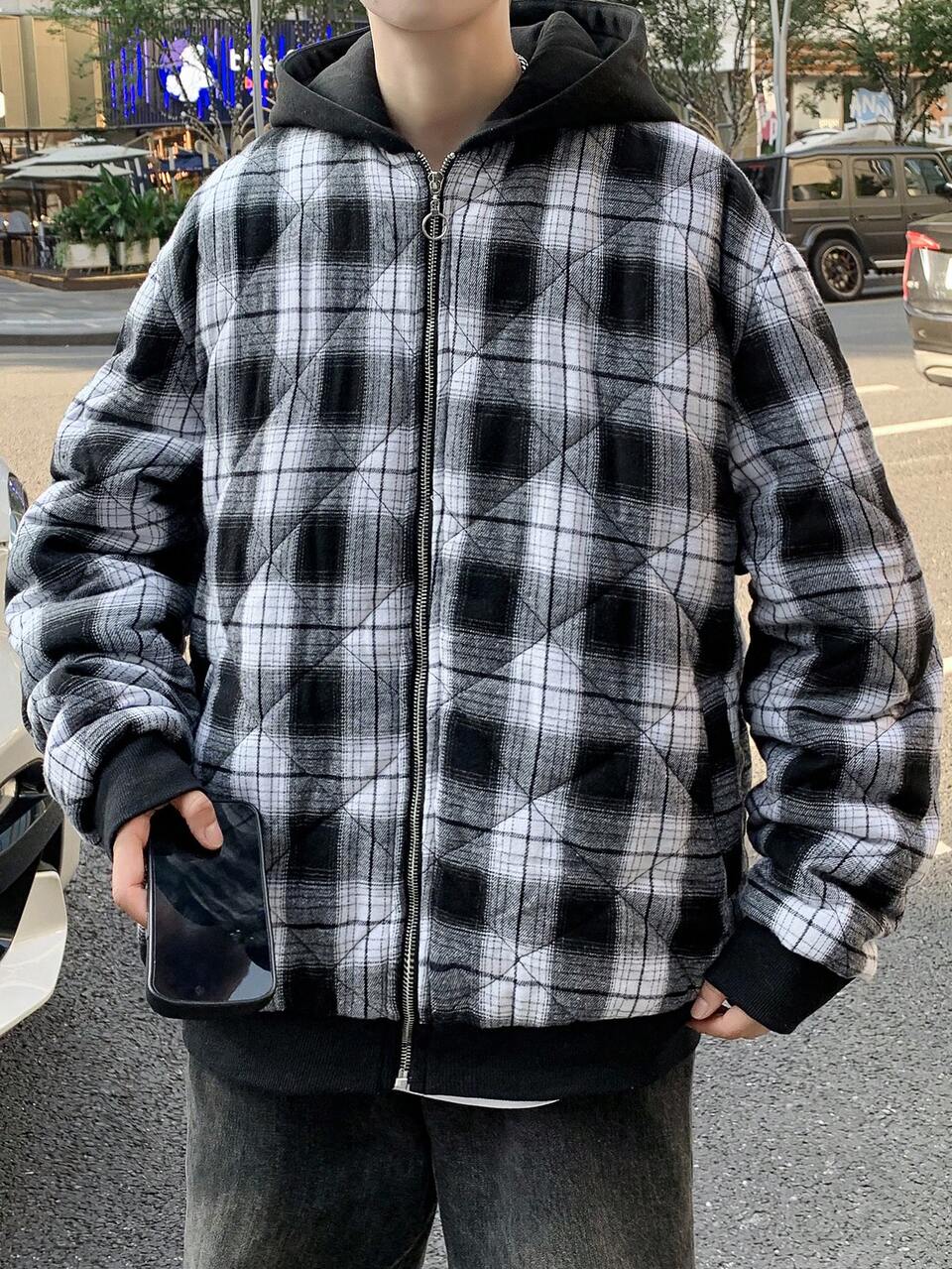 Men Plaid Print Zip Up Drawstring Hooded Padded Coat