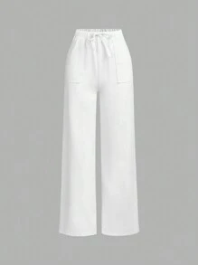 Tween Girl Drawstring Waist Wide Leg Jeans - White - View 1