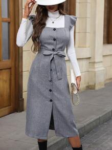 Chiquease Ruffle Trim Button Front Belted Dress Without Sweater - Grey - View 4