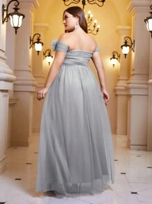 SHEIN Belle Plus Off Shoulder Appliques Ruched Formal Dress - Light Grey - View 4