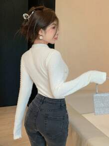 DAZY Áo thun tay dài cổ bẻ thắt nút xoắn dành cho nữ, lót nhiệt, thu/đông - trắng - Xem 7