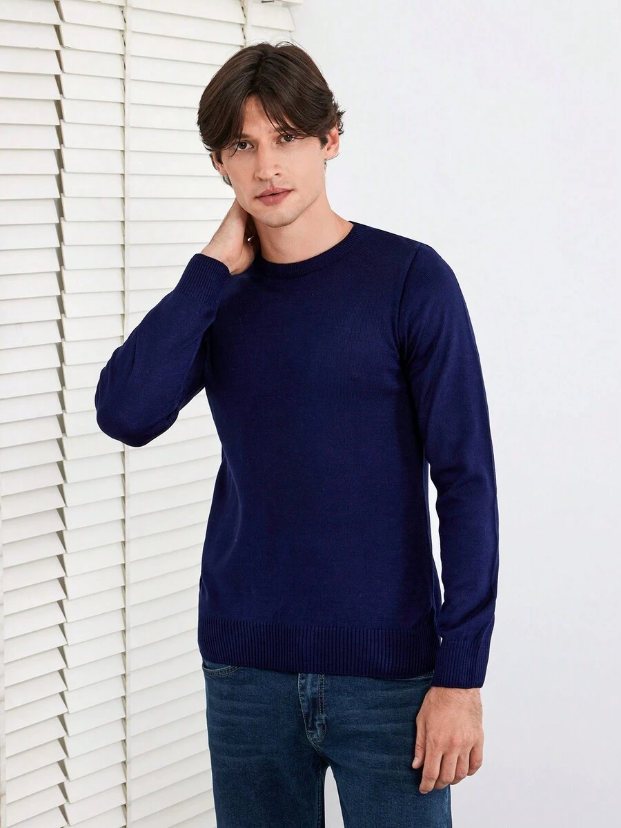 RueChic 男士純色圓領毛衣 - 藏蓝色 - 查看 1