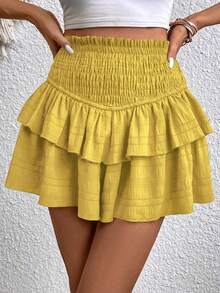 SHEIN VCAY Nếp gấp cao eo Viền Ruffle Váy quần - Màu vàng - Xem 4