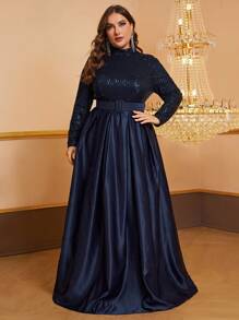 YISIKADO 大码女式亮片立领长袖晚礼服（配腰带）优雅正式舞会婚礼宾客礼服，适合毕业典礼、晚宴派对礼服