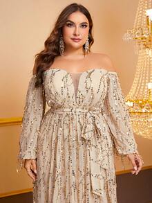 YISIKADO Plus Off Shoulder Belted Sequin Prom Dress - Champagne - View 5
