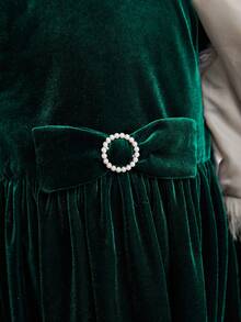 SHEIN Young Girl Solid Dress & Fuzzy Vest Coat - Green - View 5