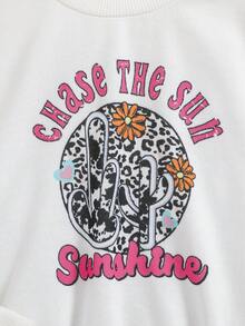 Young Girl Letter & Leopard Print Pullover & Flare Leg Pants - Multicolor - View 6