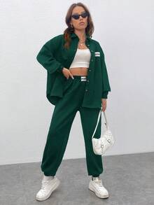 SHEIN EZwear 字母貼片落肩襯衫和運動褲 - 墨綠色 - 查看 6