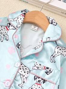 SHEIN 女小童卡通圖案拼接滾邊緞面睡衣套裝 - 淺藍色 - 查看 4