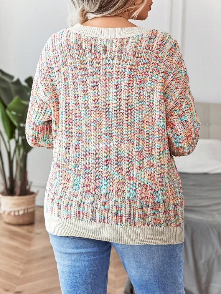 Plus Space Dye Drop Shoulder Sweater, For Winter Knit Pullover Fall Sweater