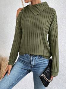 Chiquease Camiseta de hombros caídos de cuello asimétrico - Verde militar - Ver 6