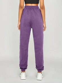 RueChic Solid Drawstring Waist Slant Pocket Sweatpants - Purple - View 2