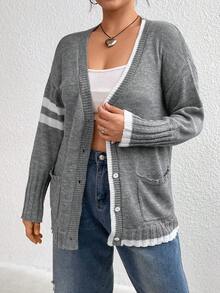 Calvaya Plus Striped Pattern Dual Pocket Drop Shoulder Cardigan - Grey - View 4