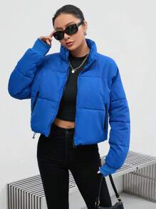 SHEIN EZwear 女士休闲纯色短款加厚棉服冬季服装 - 藍色 - 查看 3