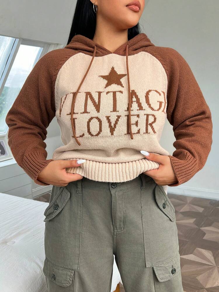 Plus Star & Slogan Pattern Raglan Sleeve Drawstring Hooded Sweater