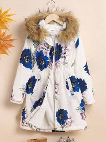 SHEIN Tween Girl Floral Print Fuzzy Trim Hooded Thermal Lined Coat - White - View 4