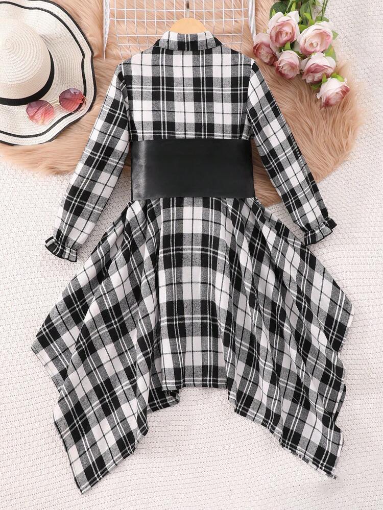 Tween Girl Plaid Print Asymmetrical Hem Shirt Dress