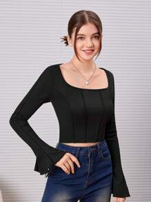 SHEIN 青少年女孩方領喇叭袖短款T恤 - 黑色 - 查看 1