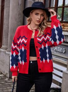 Flirla Plus Chevron Pattern Drop Shoulder Cardigan - Red - View 3