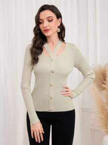 Modelyn Cut Out Button Front Sweater Knit Pullover Fall Winter Outfit