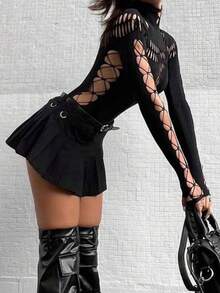 鏤空小高領連體衣 - 黑色 - 查看 2