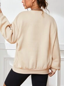 INAWLY 豹紋&字母圖案落肩袖運動衫 - 杏色 - 查看 2