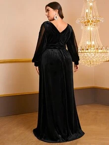 YISIKADO Talla grande Vestido de fiesta de cuello profundo de cintura con fruncido de terciopelo - Negro - Ver 2